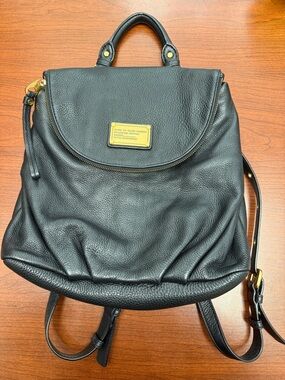 Marc by Marc Jacobs Black Pebbled Leather Backpack with Gold Plaque